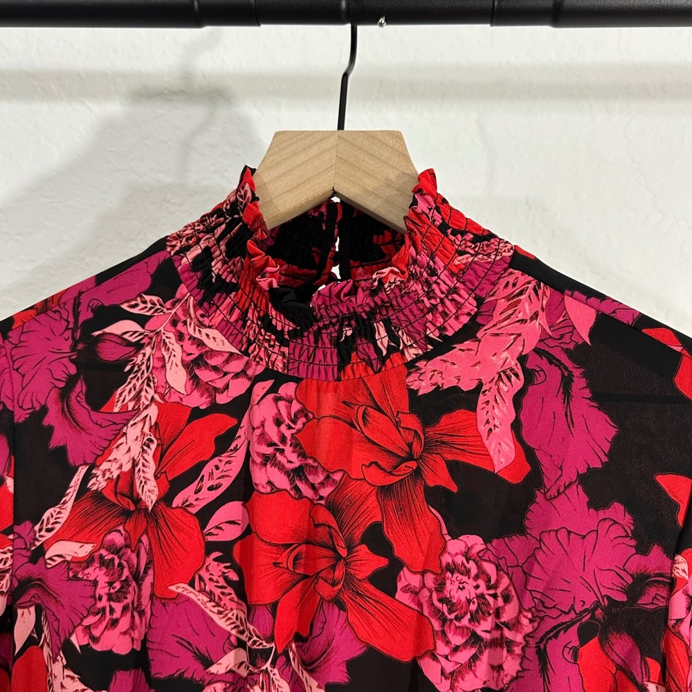Nanette Lepore Long Sleeve Smocked Floral Midi Dress 4 Red Romantic Feminine - Picture 3 of 10